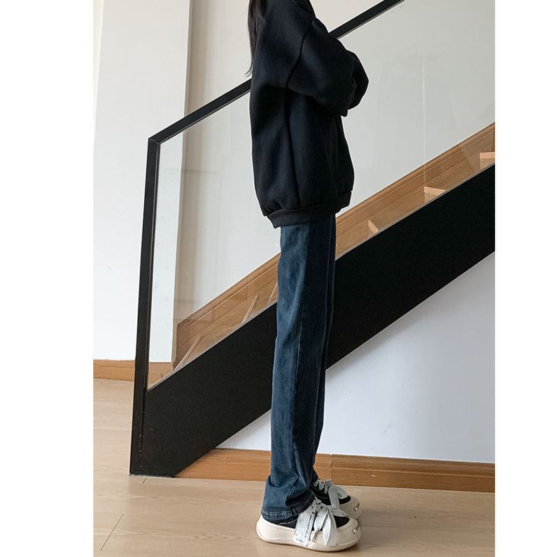 窄版阔腿裤牛仔裤女秋冬小个子加绒直筒裤高腰烟管裤宽松显瘦裤子