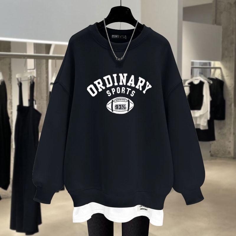 假两件卫衣女2023新款春秋冬季字母圆领加绒加厚宽松中长款