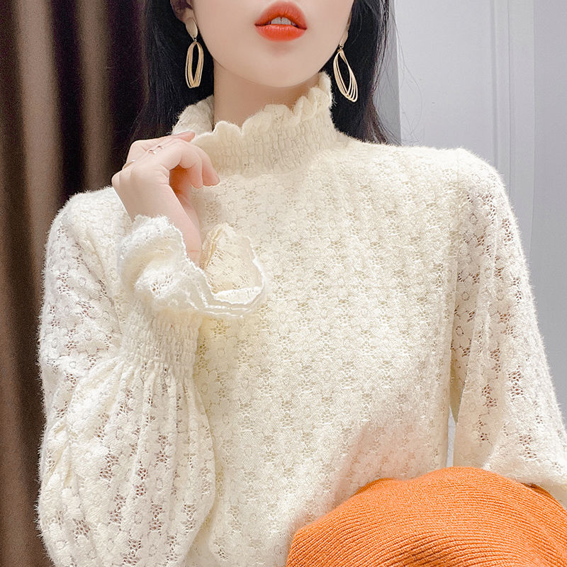 加绒加厚磨毛蕾丝打底衫内搭洋气2023新款秋冬百搭半高领保暖上衣