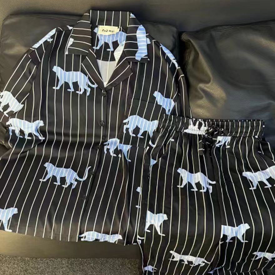 清冷豹子冰丝睡衣短袖短裤/长裤ins风慵懒感舒适家居服套装可外穿