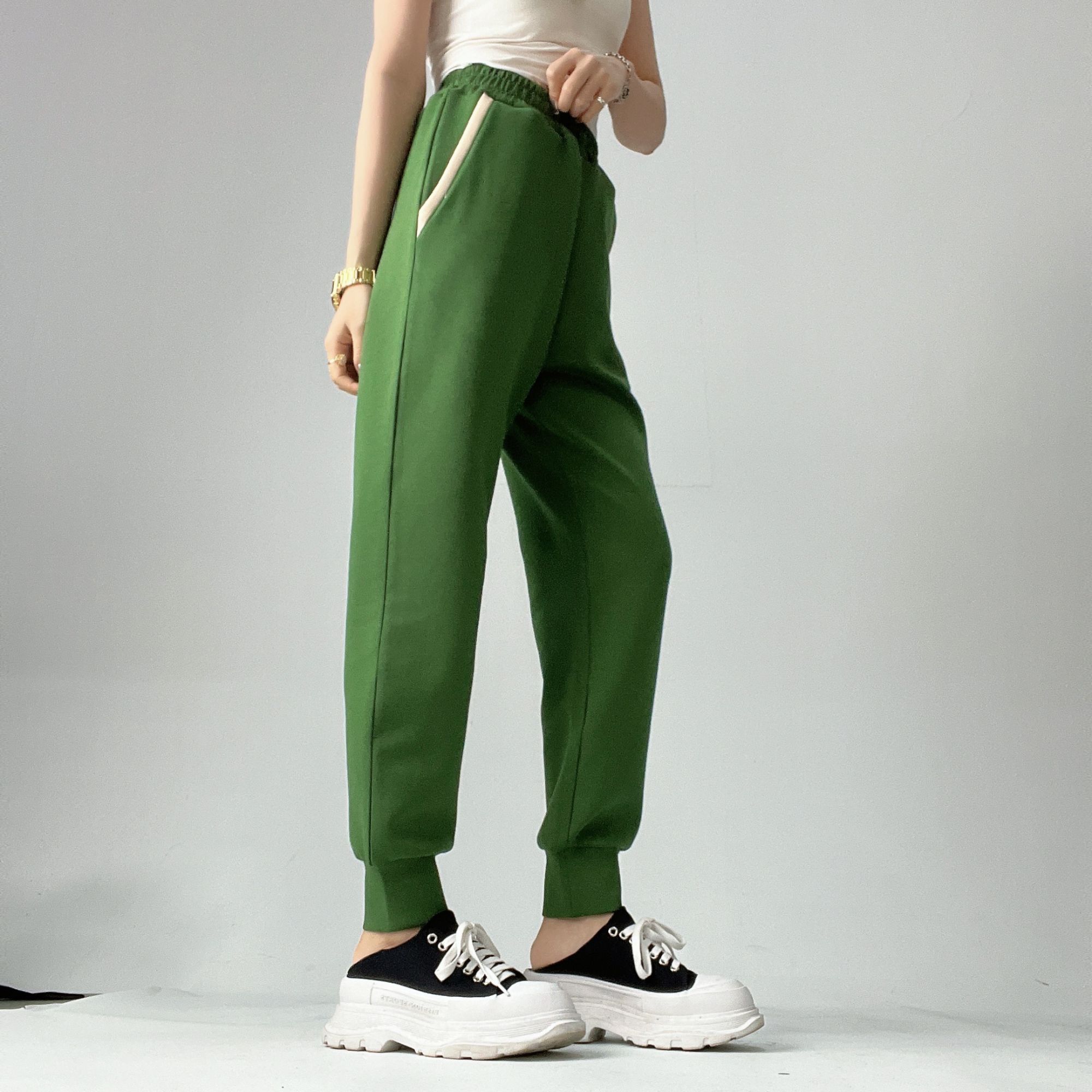 2025秋装设计款口袋拼色修身显瘦松紧腰百搭小脚休闲裤S9002