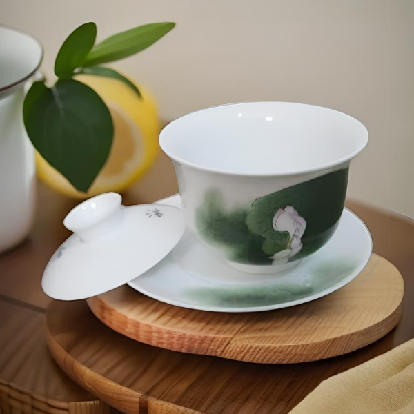 釉上彩荷韵三才盖碗 景德镇手工手绘陶瓷