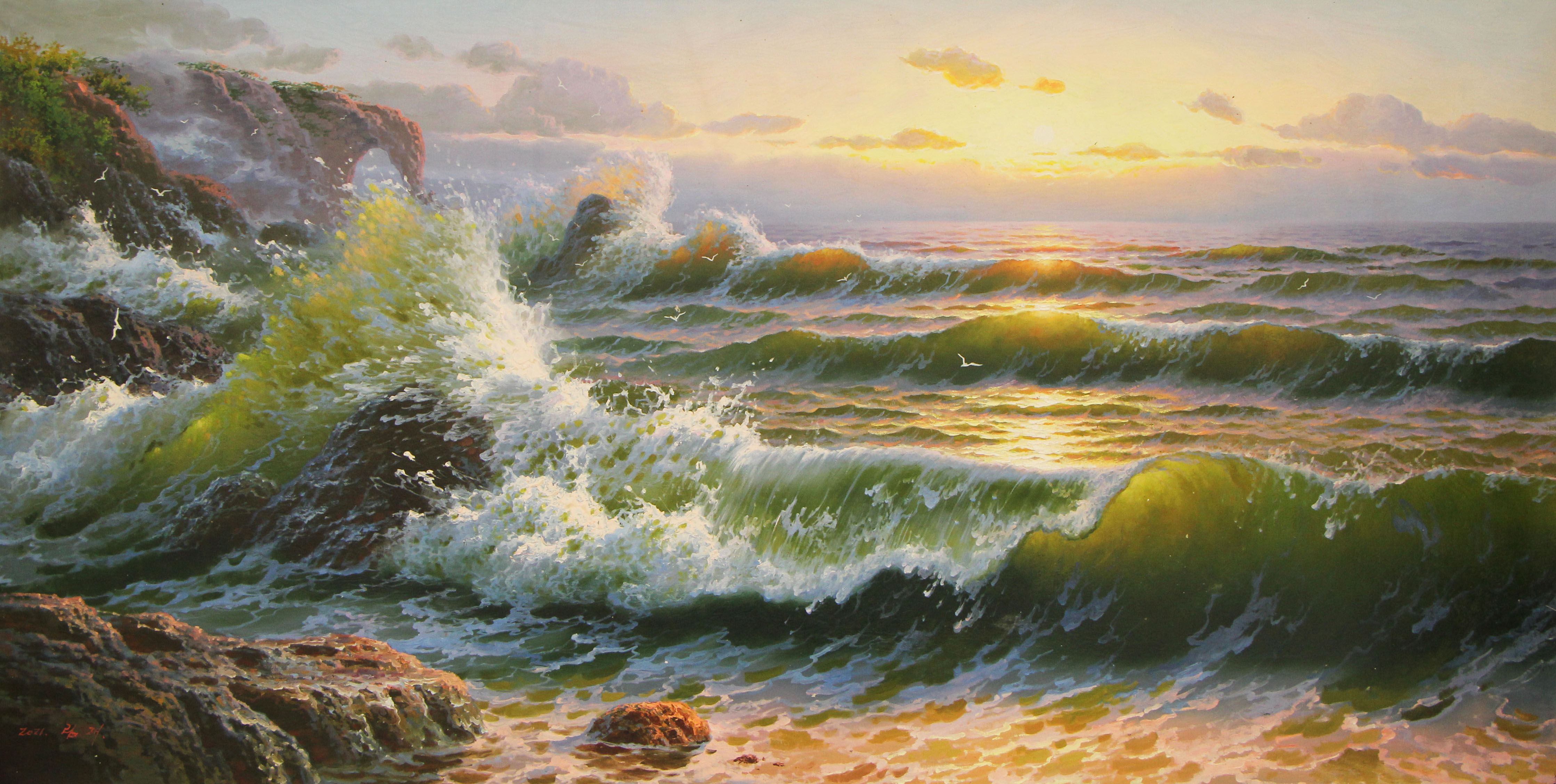 艺昕艺术/原创油画收藏/海浪/尺寸：82X157CM手绘风景单幅