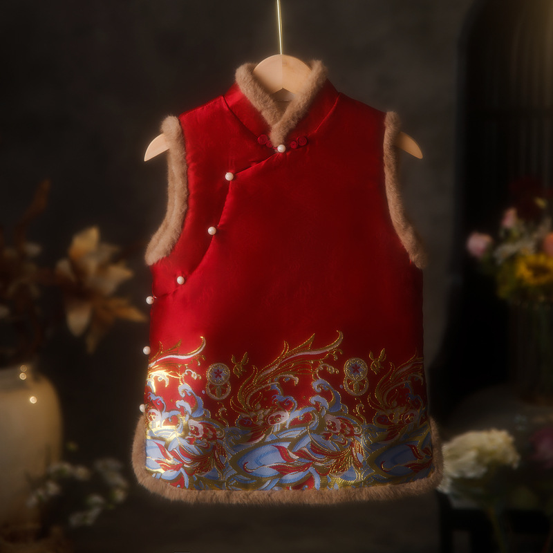 【爆款清仓】红色拜年服旗袍少女马甲2023冬季新中式年轻款复古风