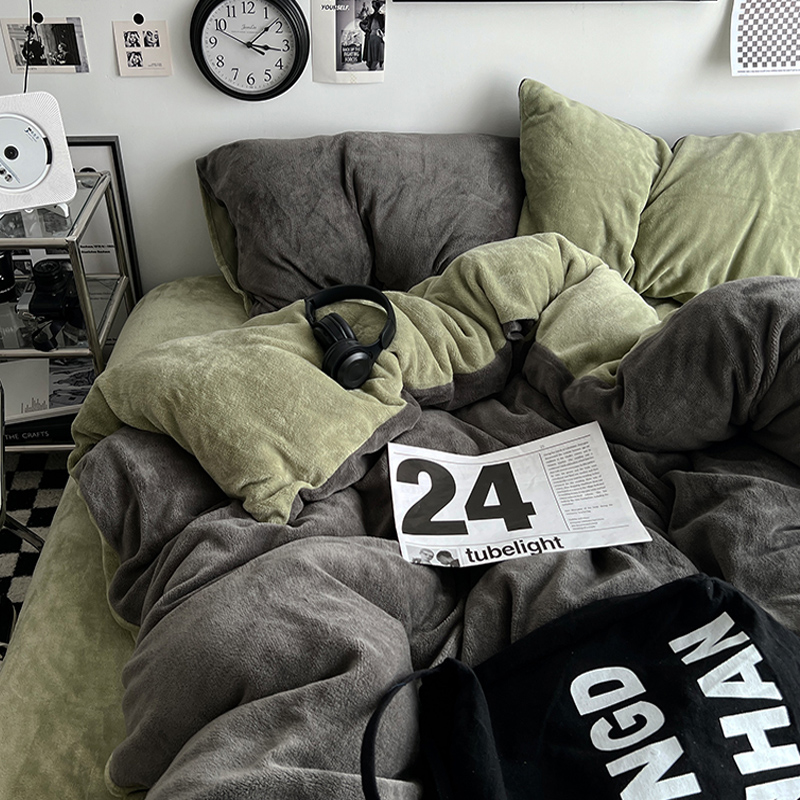 ins混搭牛奶绒四件套双面绒床上珊瑚绒被套加厚法兰绒床单三件套