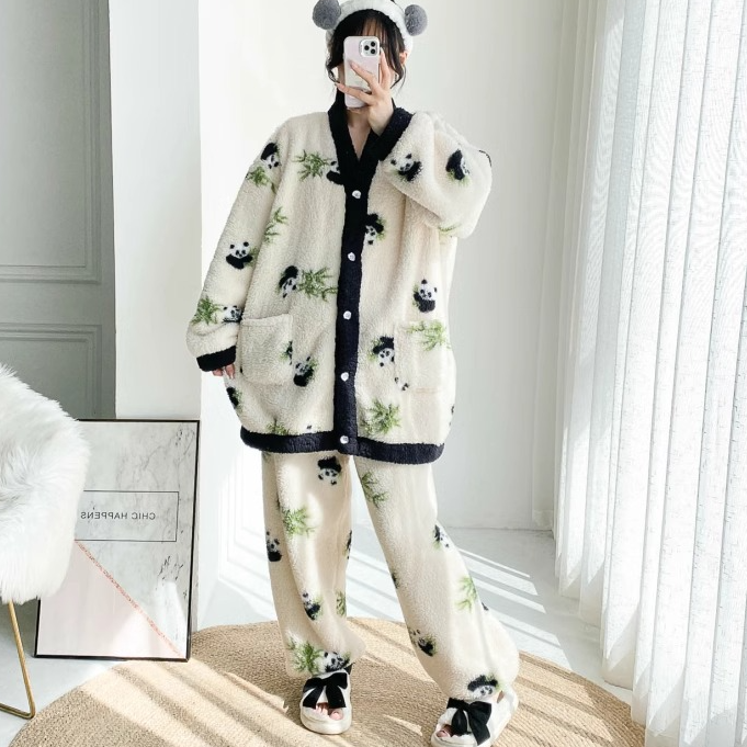 情侣加厚冬季开衫加大码羊羔绒V领睡衣加绒两件套胖mm200斤家居服