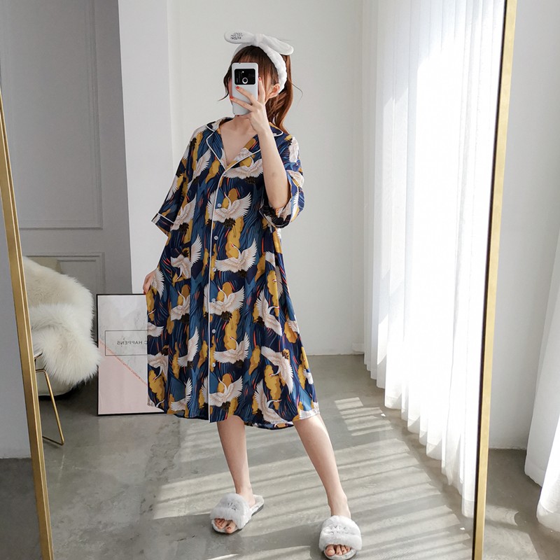 加大码短袖加长加肥睡裙夏季开衫连衣裙睡衣宽松孕妇胖MM家居服女