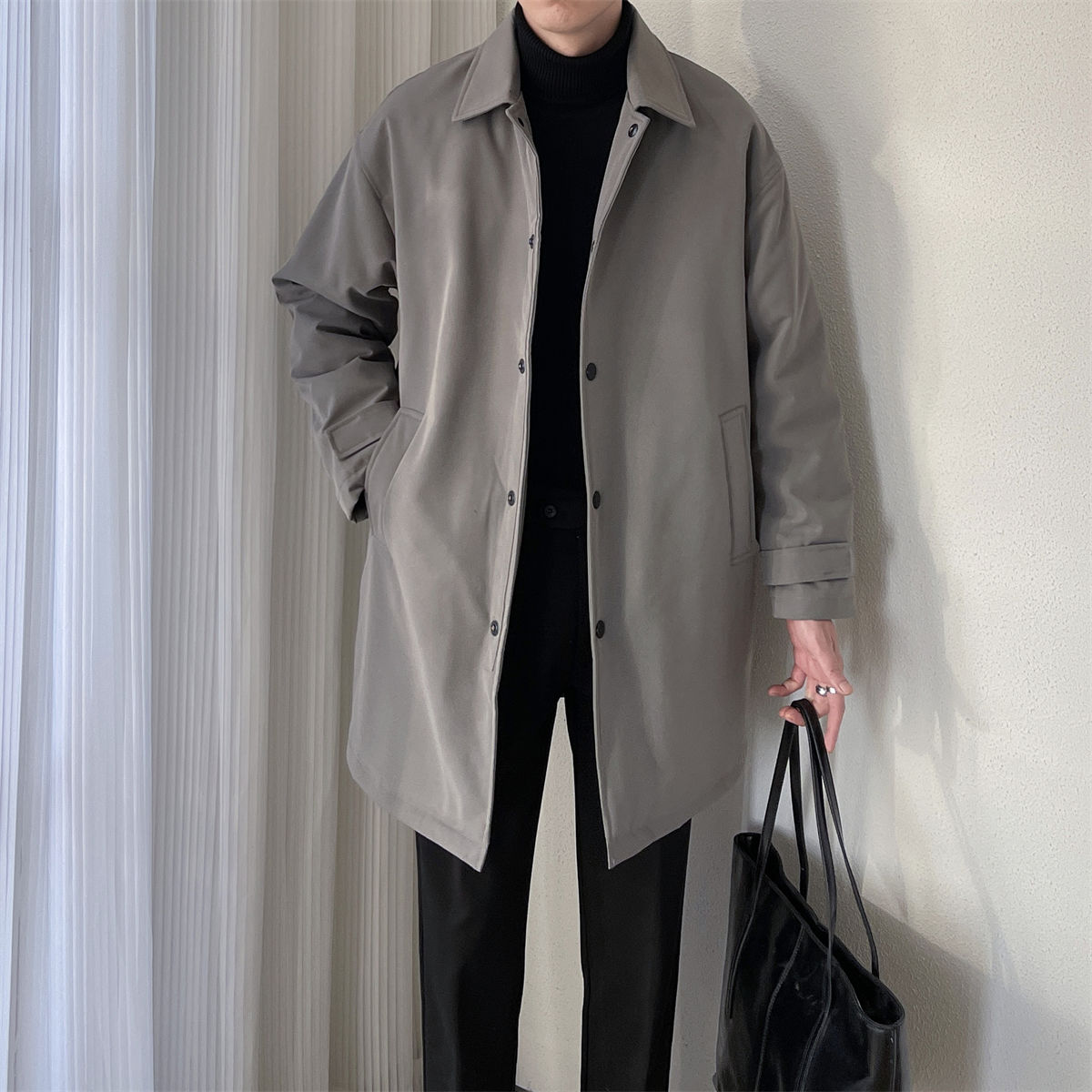 【小扬哥推荐】韩版时尚休闲翻领风衣男秋季宽松阔版中长款防风保