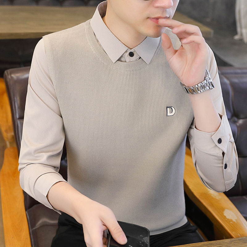 【小扬哥推荐】高档假两件毛衣男款春秋季时尚百搭衬衫领针织打底