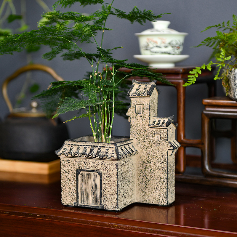 中式禅意江南微景观创意房子摆件庭院树脂花器办公桌笔筒文竹花盆