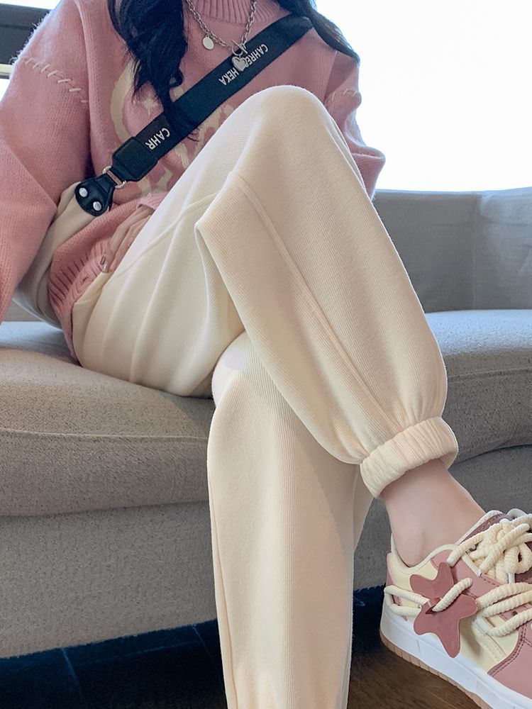 杏色运动裤女秋冬新款小个子宽松显瘦加绒保暖休闲束脚卫裤女春秋
