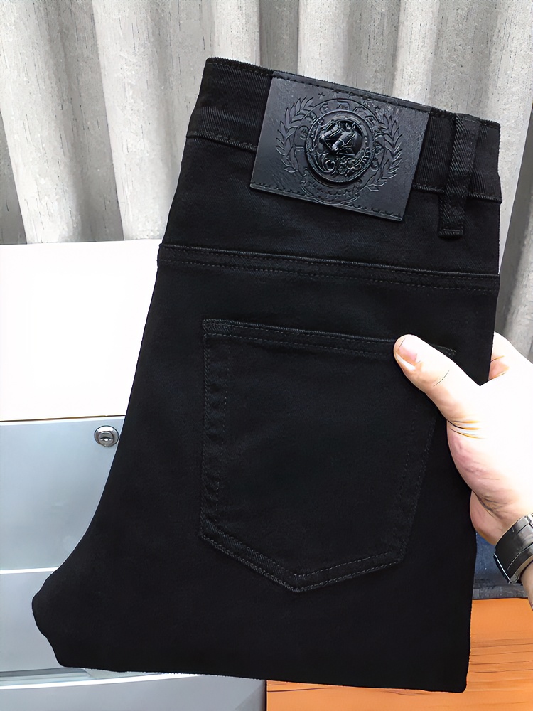 欧货马头腰牌牛仔裤男加厚加绒新款纯黑小脚裤冬季弹力百搭牛仔DF