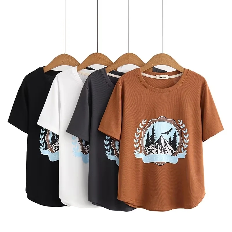 大码女装夏装短袖T恤女宽松风景印花圆领上衣胖mm休闲小衫200斤