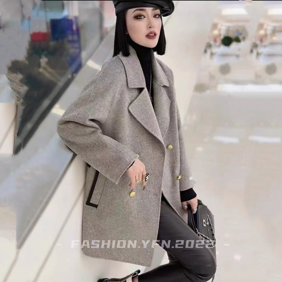 秋冬韩版双排扣气质百搭澳毛中长款双面呢大衣三23828