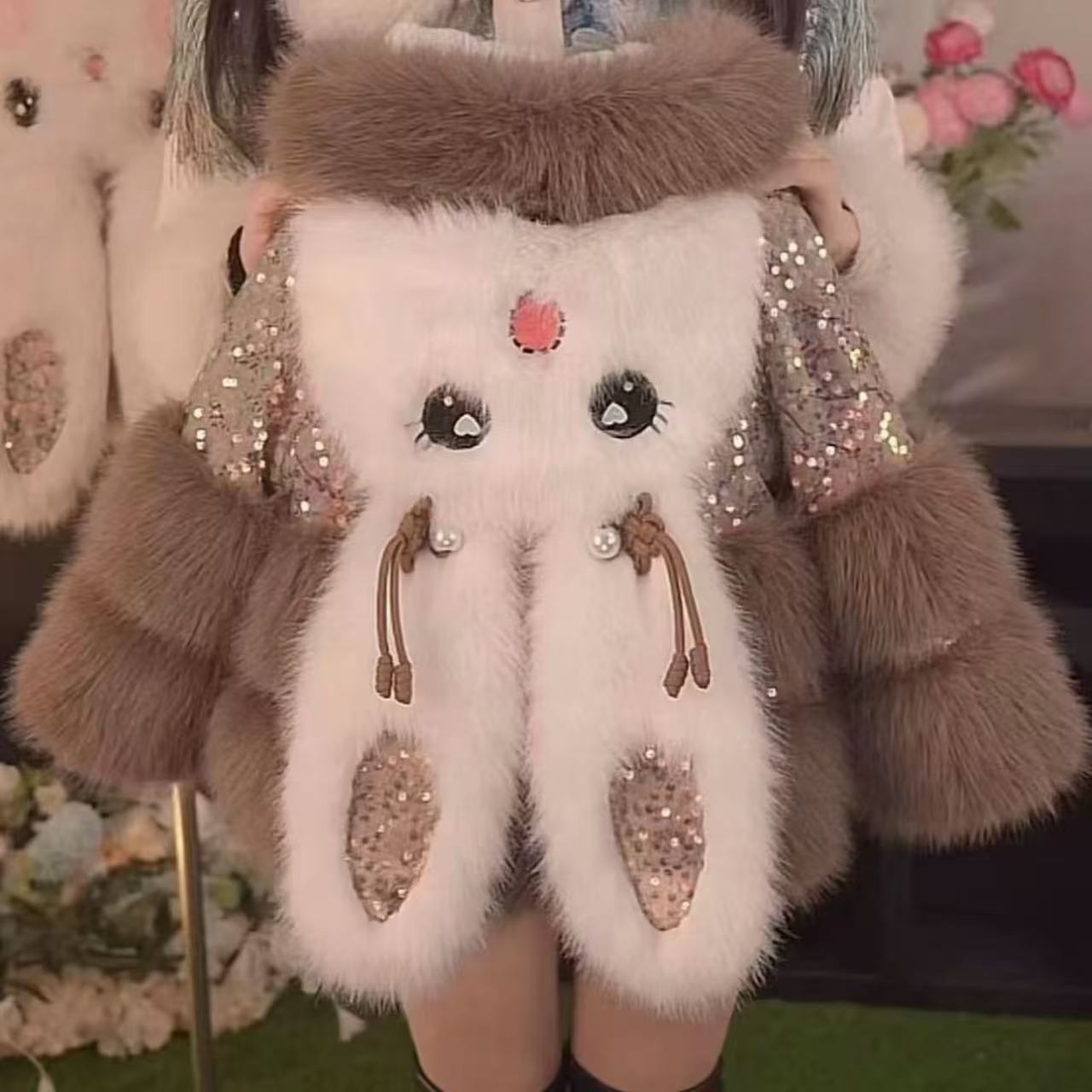 （年货过冬）女童冬季仿皮草外套加厚2025新款洋气小女孩亮片毛毛衣