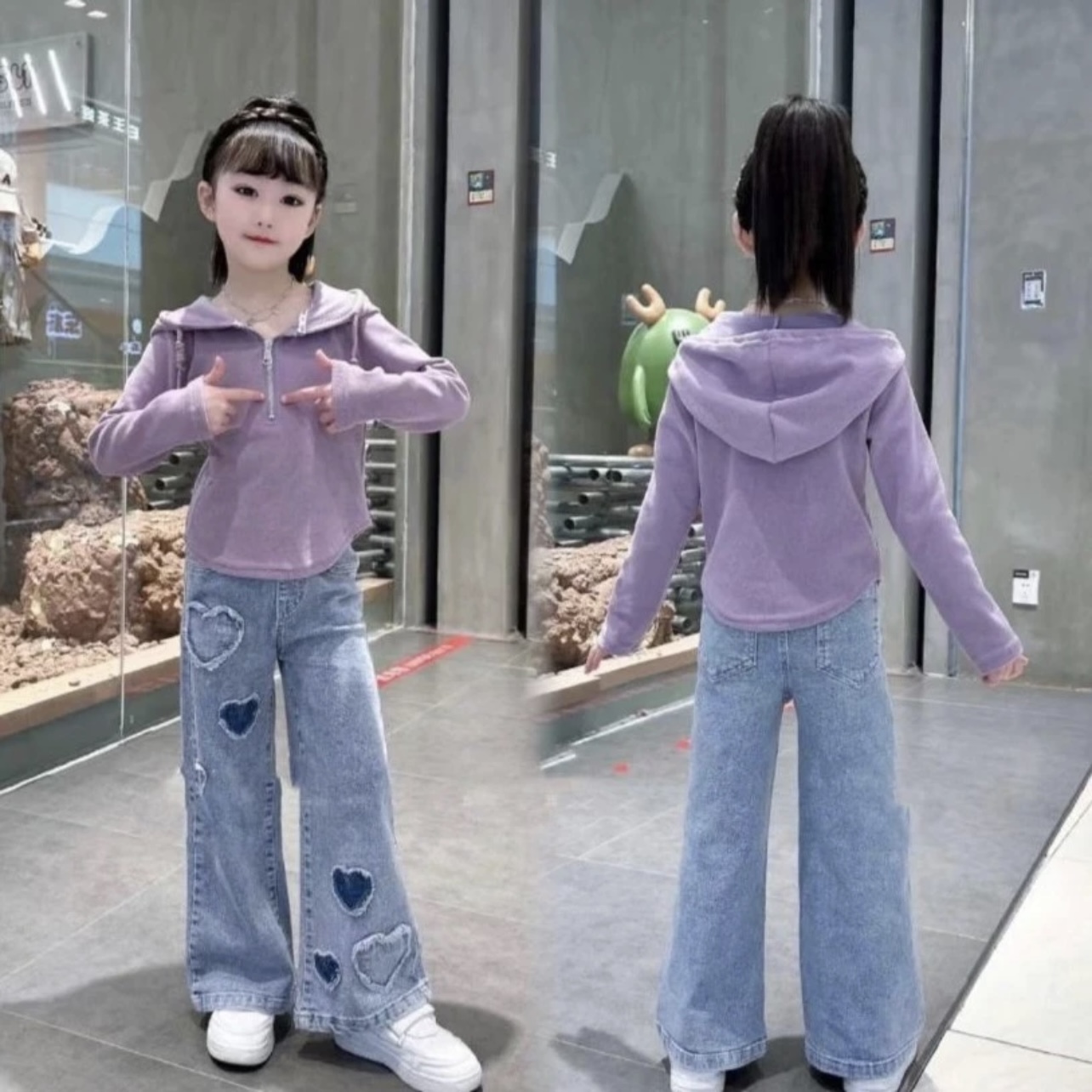 女童套装秋季2025新款连帽打底衫上衣中大童爱心牛仔阔腿套装洋气