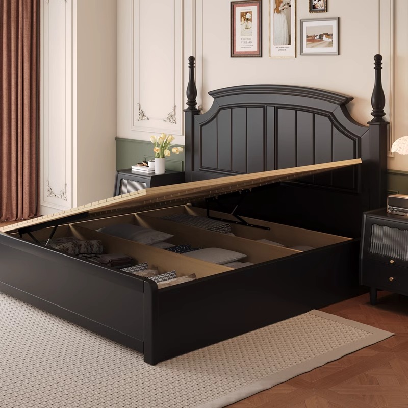 法式复古实木床收纳带储物空间箱体双人床抽屉侧开气压高箱木床