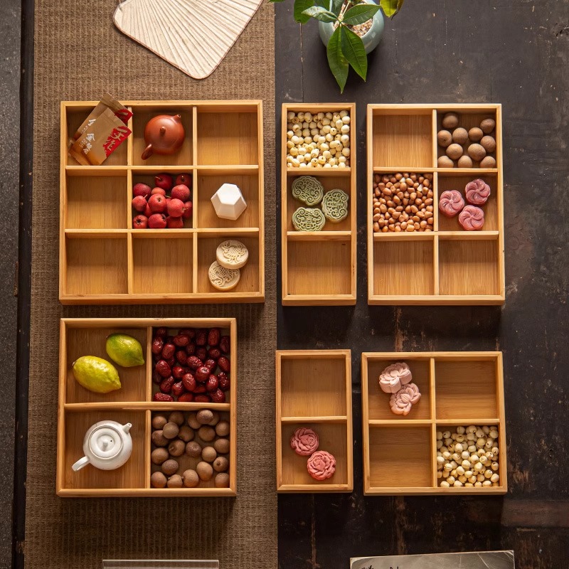 中式围炉煮茶果盘原竹木托盘点心盒零食水果拼盘九宫格火锅配菜盘