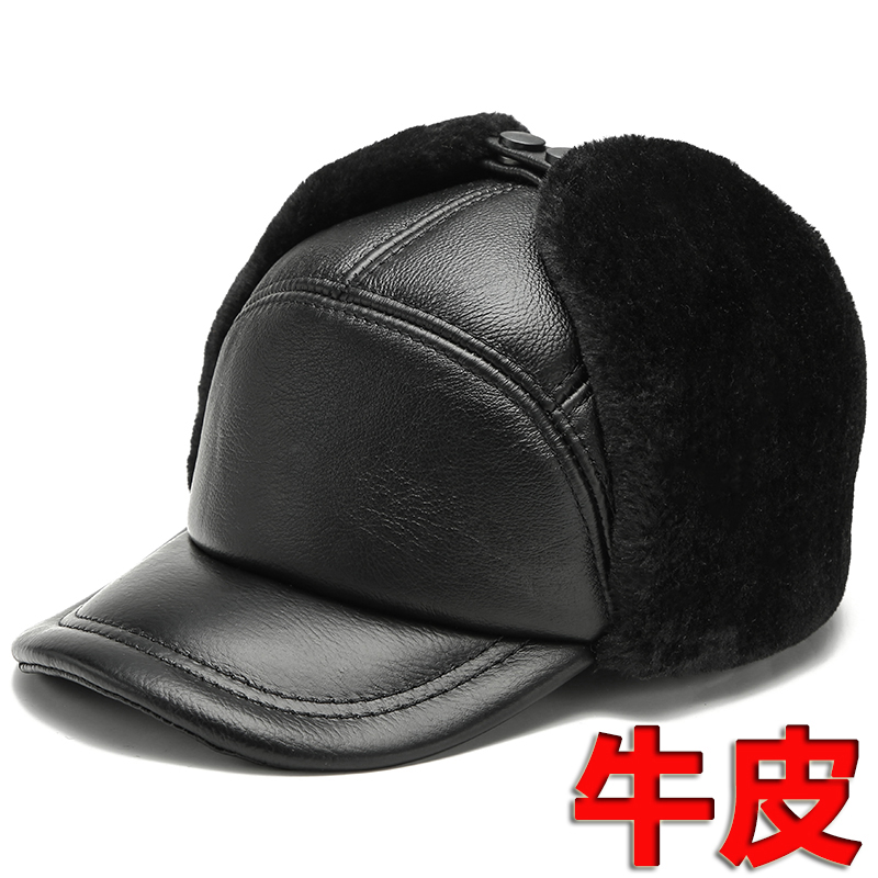 冬季真皮帽子男士雷锋帽加厚护耳中老年鸭舌帽保暖牛皮老人帽防寒