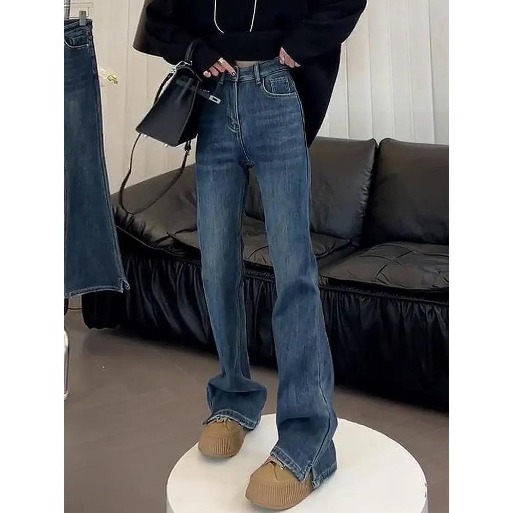 高腰开叉微喇叭牛仔裤女长裤秋季大码胖mm显瘦宽松阔腿修容马蹄裤