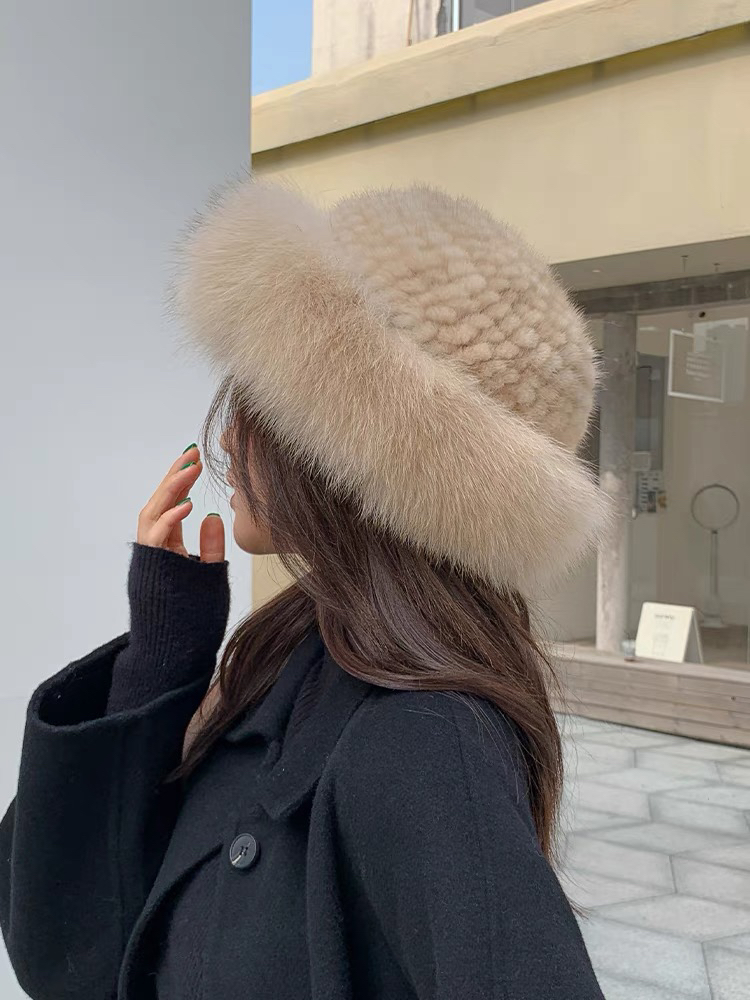 水貂毛帽子一圈狐狸毛女时尚渔夫帽保暖时尚秋冬氛围穿搭