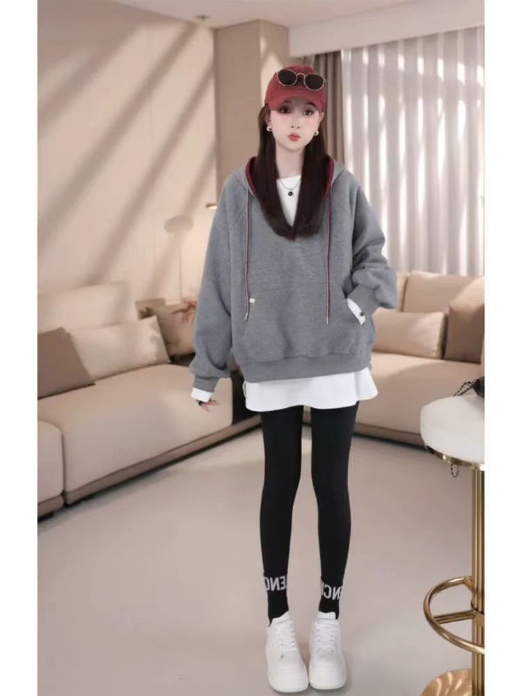 美式秋冬长袖连帽灰色卫衣女2024年新款慵懒风小众拼色超好看上衣