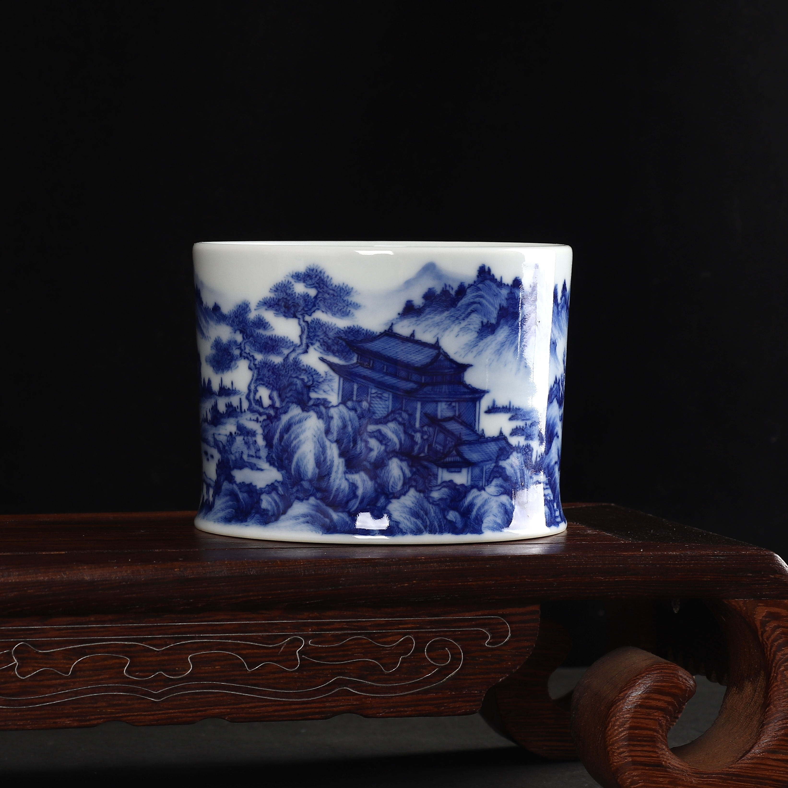 青花界画山水主人杯 楼阁山水景德镇传统手工茶具  直口杯茶杯