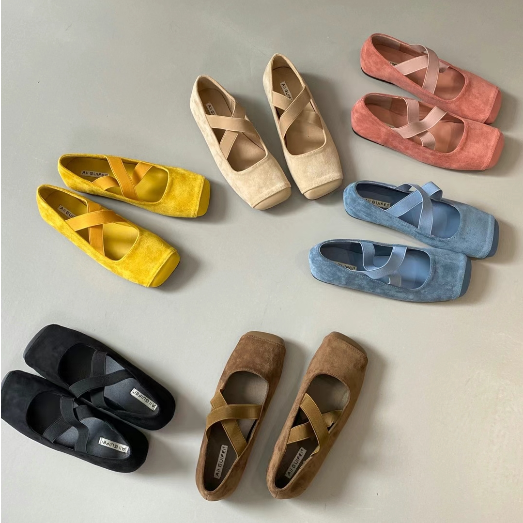 月光芭蕾~温柔好搭！绒面复古方头交叉带平底单鞋浅口玛丽珍鞋女