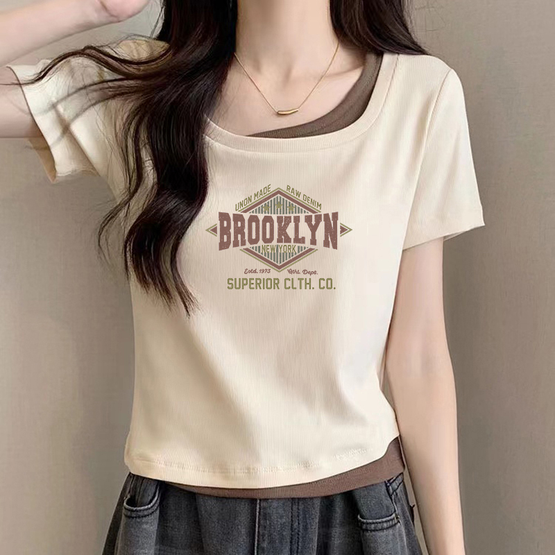 纯棉纯欲风辣妹修身显瘦短袖T恤女士夏季设计感小众假两件上衣ins