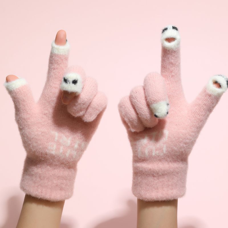 秋冬季豆豆鱼可爱女冬针织手套in可触屏保暖带孔分指毛线手套学生