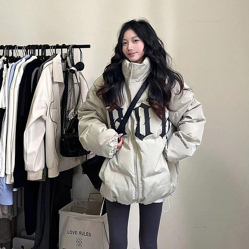 2023美式立领哥特风字母印花棉衣男女冬季加厚潮牌高街棉袄外套