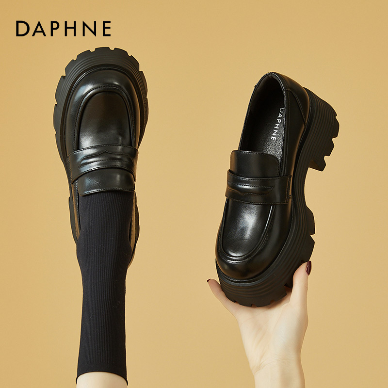 达芙妮真皮乐福鞋女2025新款秋冬加绒保暖棉鞋松糕厚底单鞋小皮鞋
