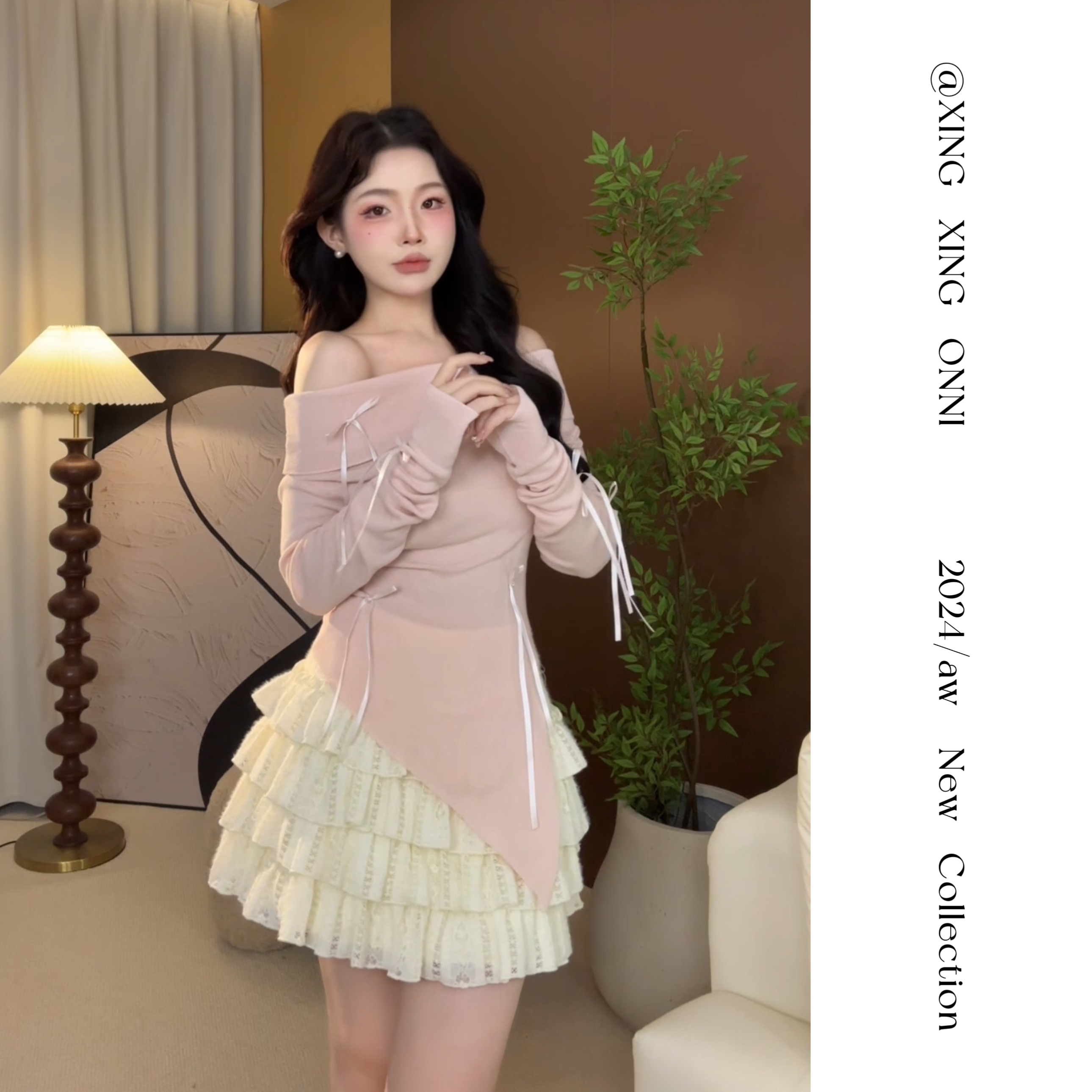 【心动记号】法式纯欲甜美一字肩不规则蝴蝶结带斜下摆毛织上衣X081