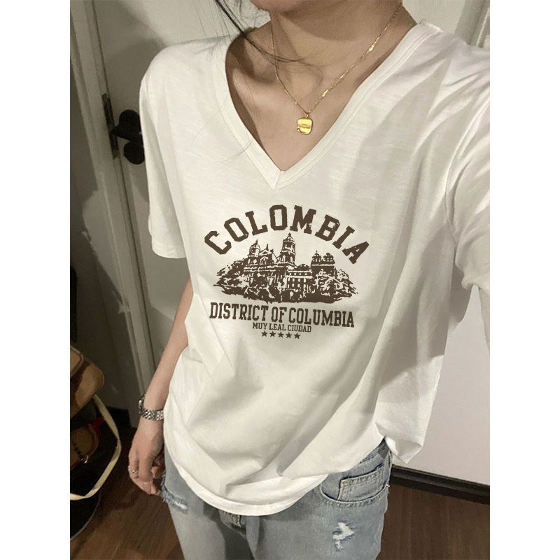辣妹法式小众上衣夏季白色v领正肩短袖t恤慵懒风女装设计感宽松