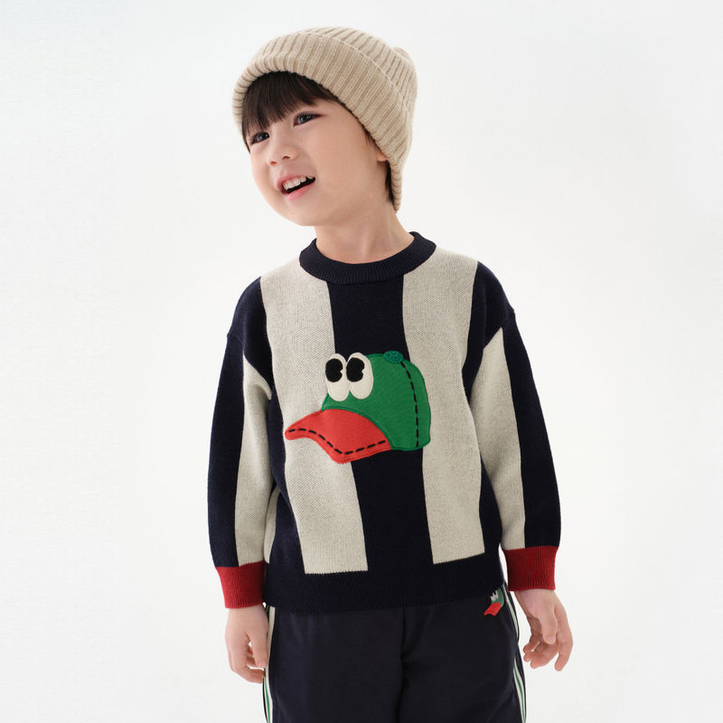 马拉丁童装儿童毛衣冬新款男小童趣味口贴布毛巾绣设计圆领毛衣