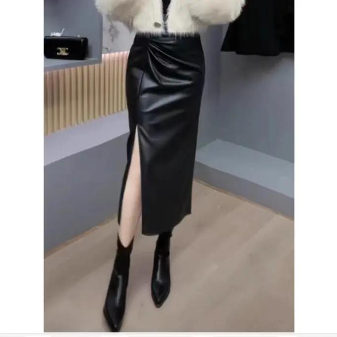 高腰开叉半身皮裙女春秋新款褶皱前开叉中长款包臀一步裙9340#