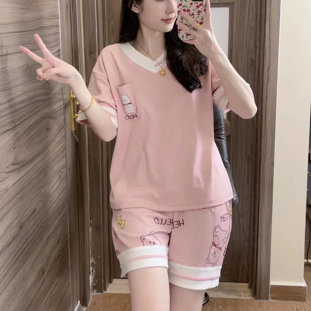 睡衣女夏季新款V领短袖短裤套装休闲甜美韩版大码卡通减龄家居服