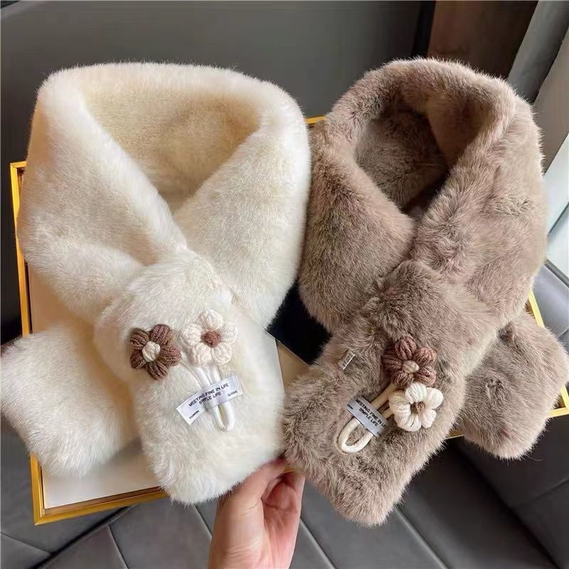 小清新花朵毛绒围巾女春夏防寒可爱脖套保暖百搭交叉毛毛围脖学生