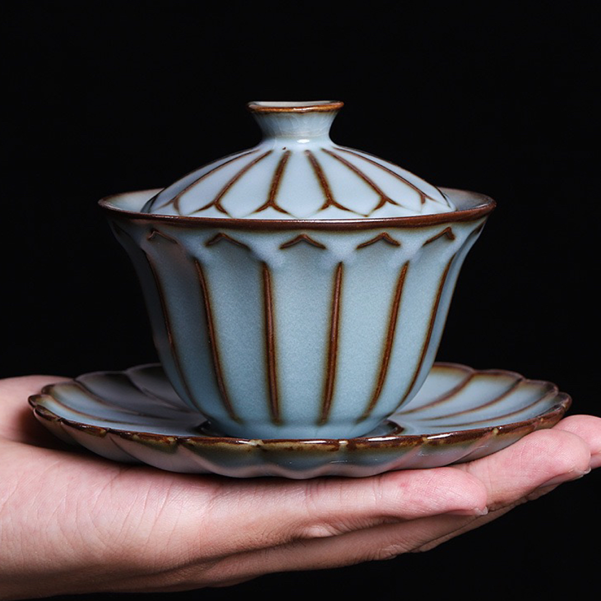 西园堂 汝瓷铁胎花瓣盖碗原矿釉开片可养泡茶碗家用三才碗客厅