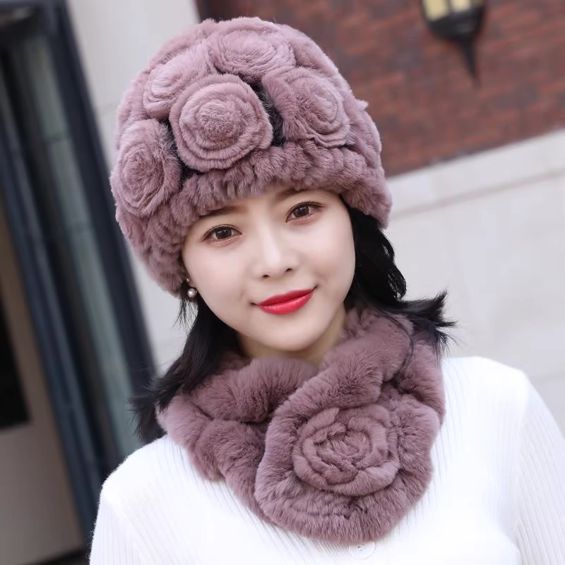 中老年獭兔毛皮草帽子保暖护耳围巾套装加厚奶奶休闲妈妈帽女冬季