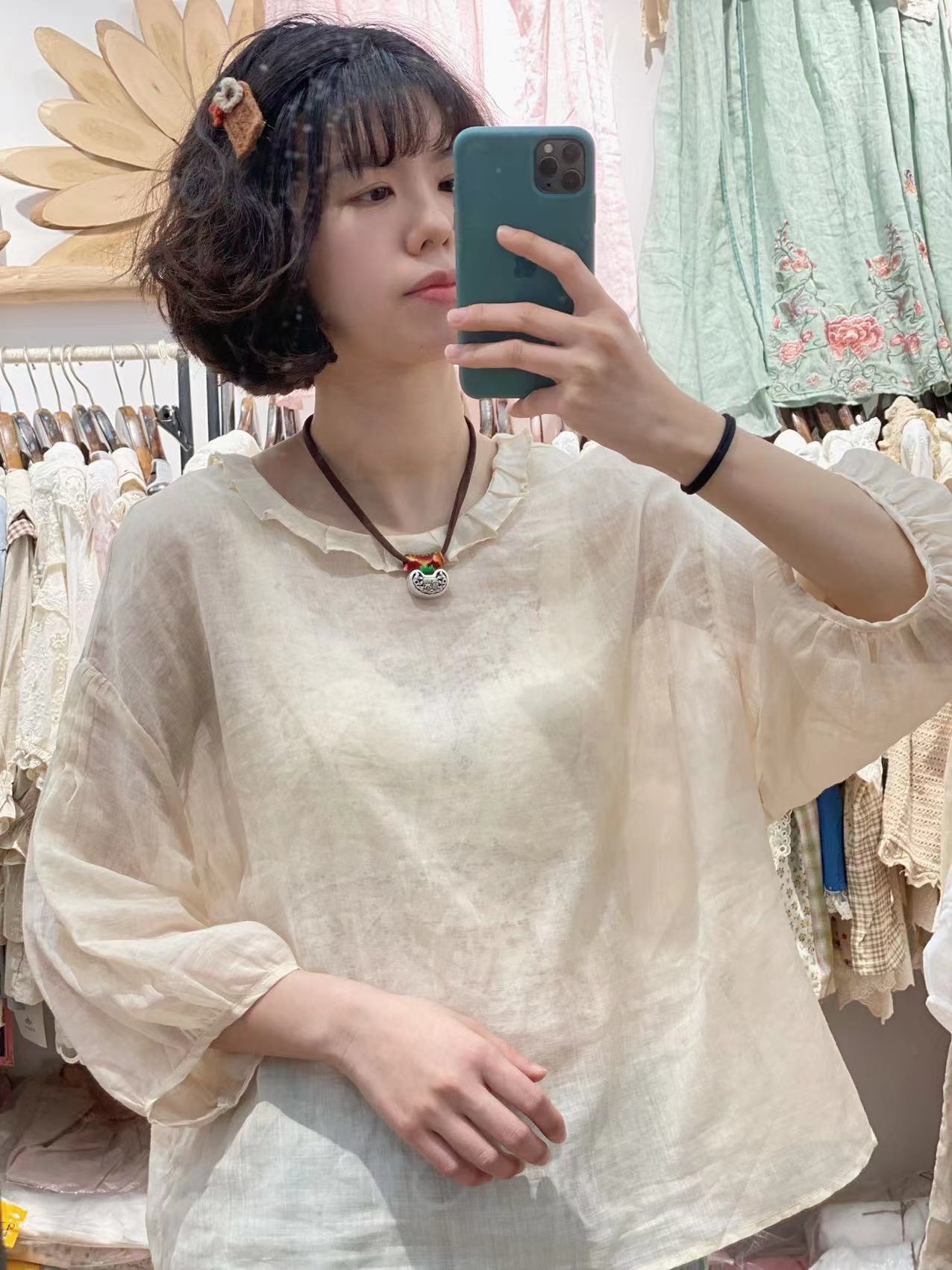 欣益家自制款花边领七分袖衬衫-9016（苎麻面料会透,有麻线）