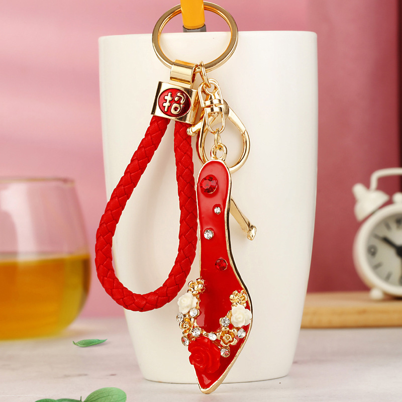 招财水钻玫瑰花高跟鞋钥匙扣女创意可爱汽车包包挂件网红钥匙链圈
