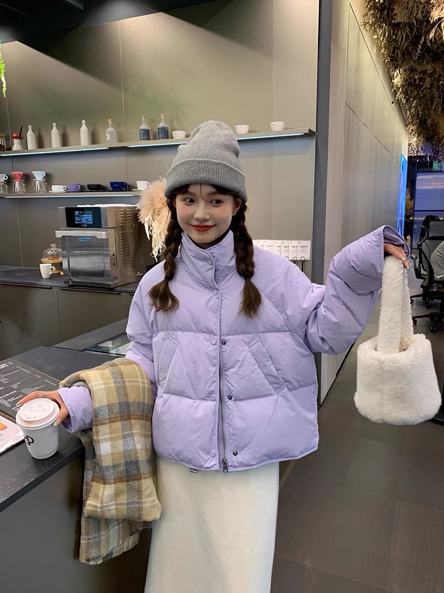 新款蓝色短款羽绒服女2023冬季新款小个子韩版面包服白鸭绒白紫