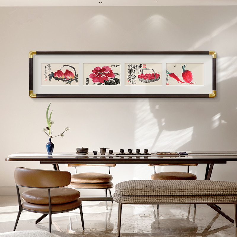 客厅装饰画新中式茶室背景墙挂画禅意荷花壁画水果画客厅壁画