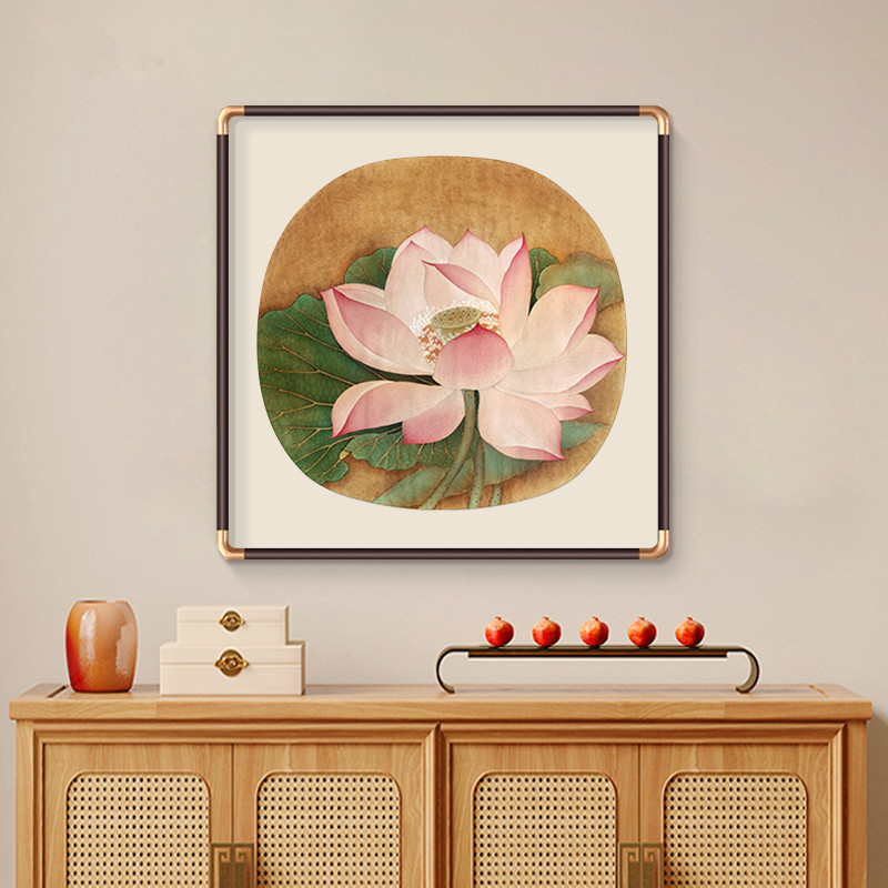 新中式玄关装饰画入户正对门走廊过道挂画寓意好荷花花鸟组合壁画