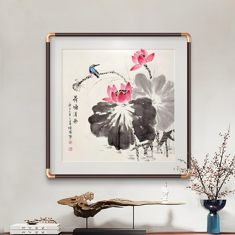 新中式玄关装饰画走廊过道水墨荷花挂画客厅茶室书房禅意莲花壁画