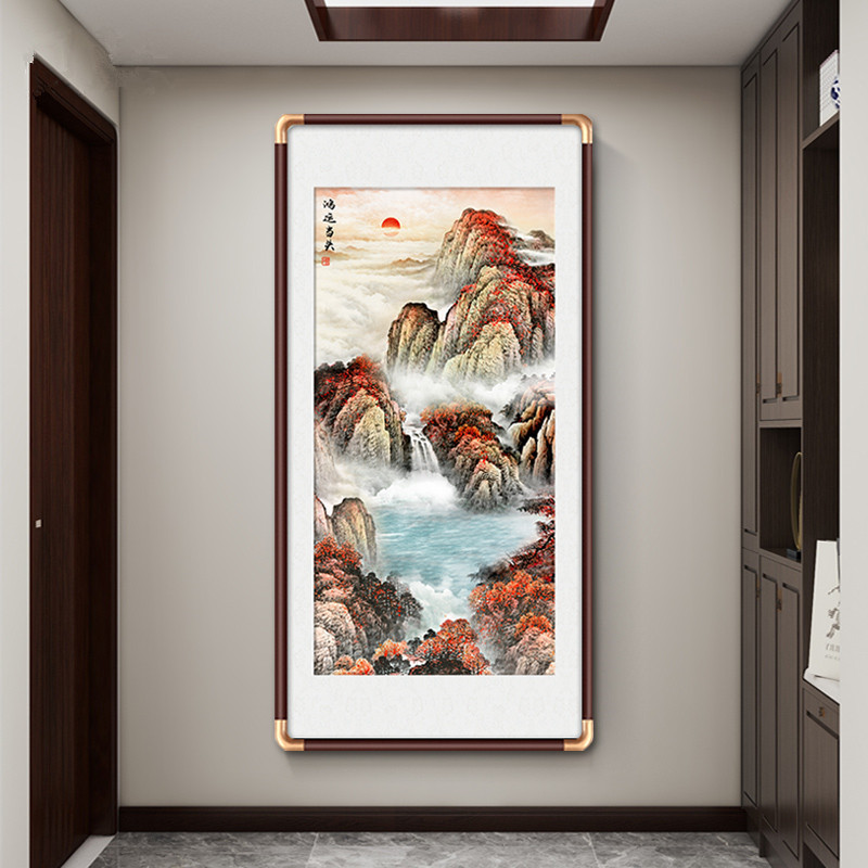 鸿运当头国画山水画新中式竖版玄关画正对门挂画走廊装饰画高级感