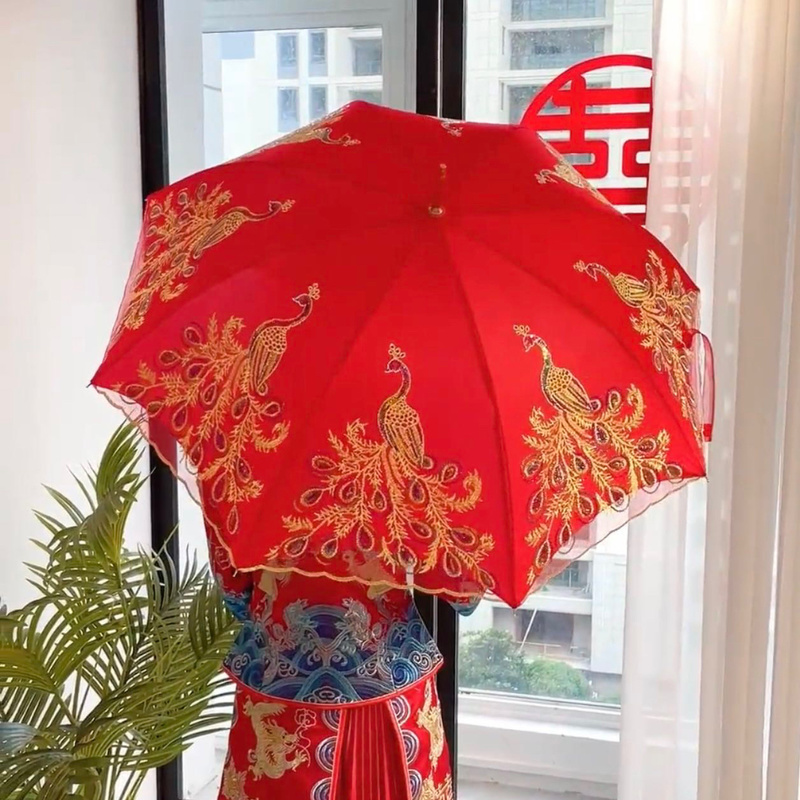 新馨如意结婚红伞中式婚礼专用雨伞蕾丝婚嫁晴雨两用伞