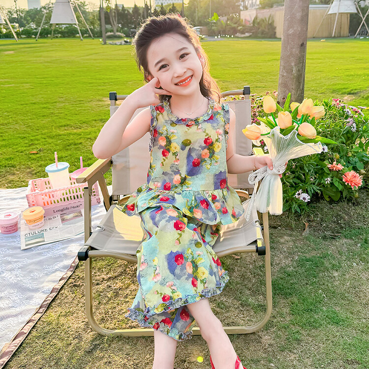 女童夏季碎花套装2024新款洋气背心防蚊裤两件套女宝气质无袖夏装