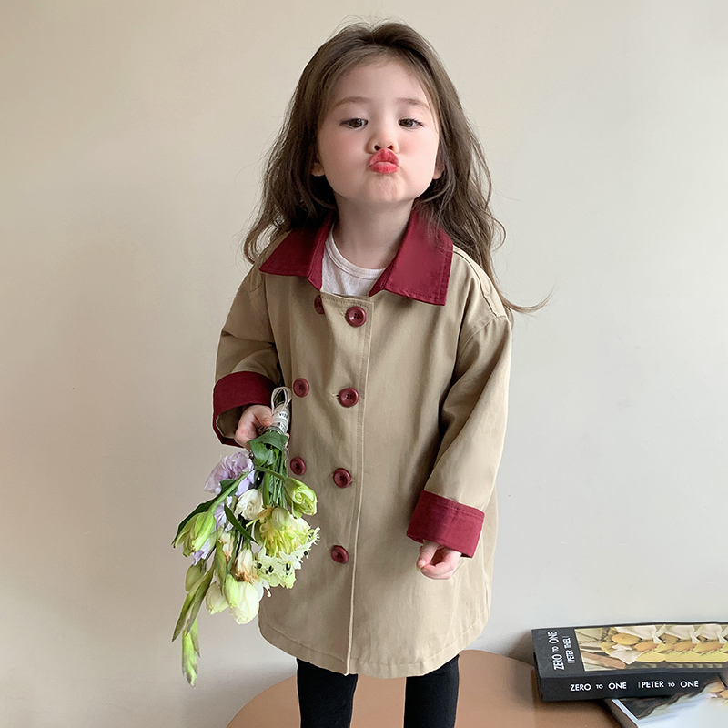 女童撞色风衣2024新款秋季女孩韩版洋气时髦中长款夹克女宝宝秋装